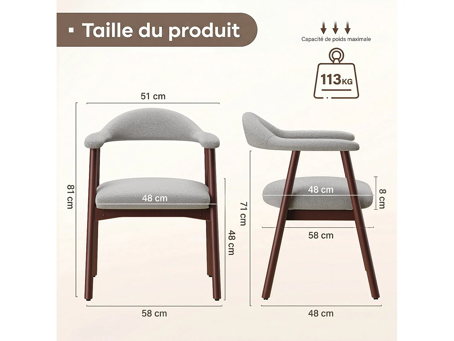 2er-Set moderne Esszimmerstühle im skandinavischen Stil, bequeme gepolsterte Sitzfläche, Beine aus Massivholz, ergonomische umschließende Rückenlehne, Grau