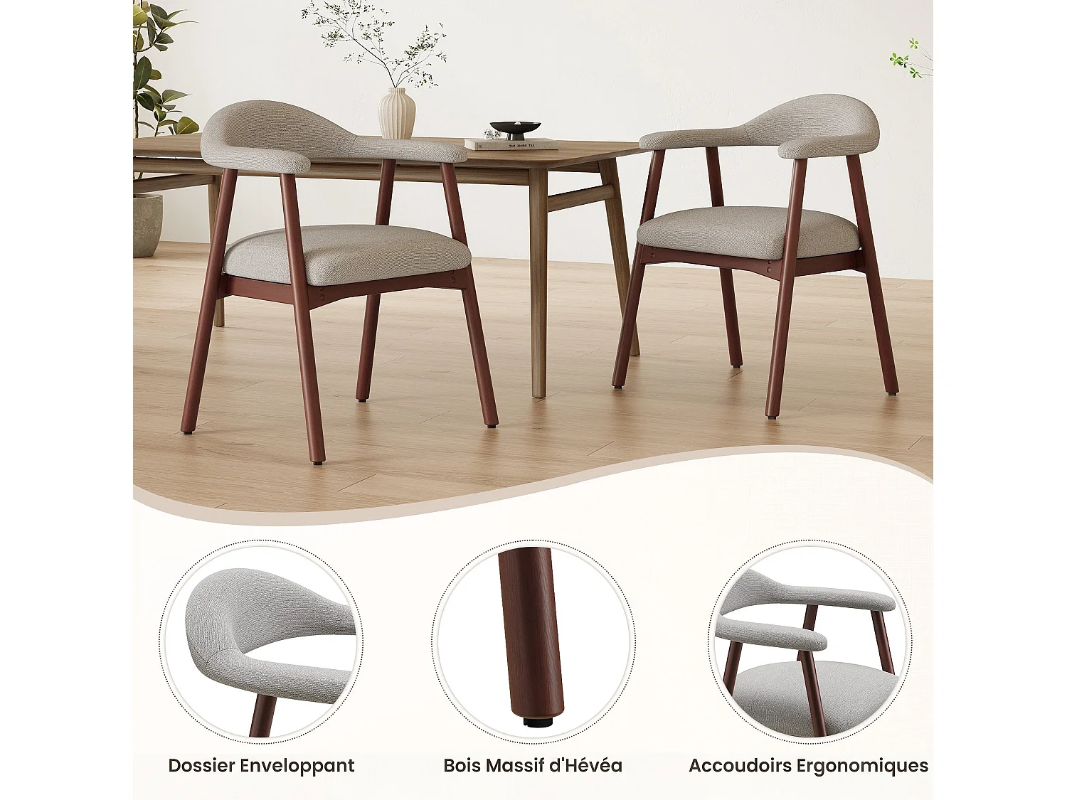 2er-Set moderne Esszimmerstühle im skandinavischen Stil, bequeme gepolsterte Sitzfläche, Beine aus Massivholz, ergonomische umschließende Rückenlehne, Grau