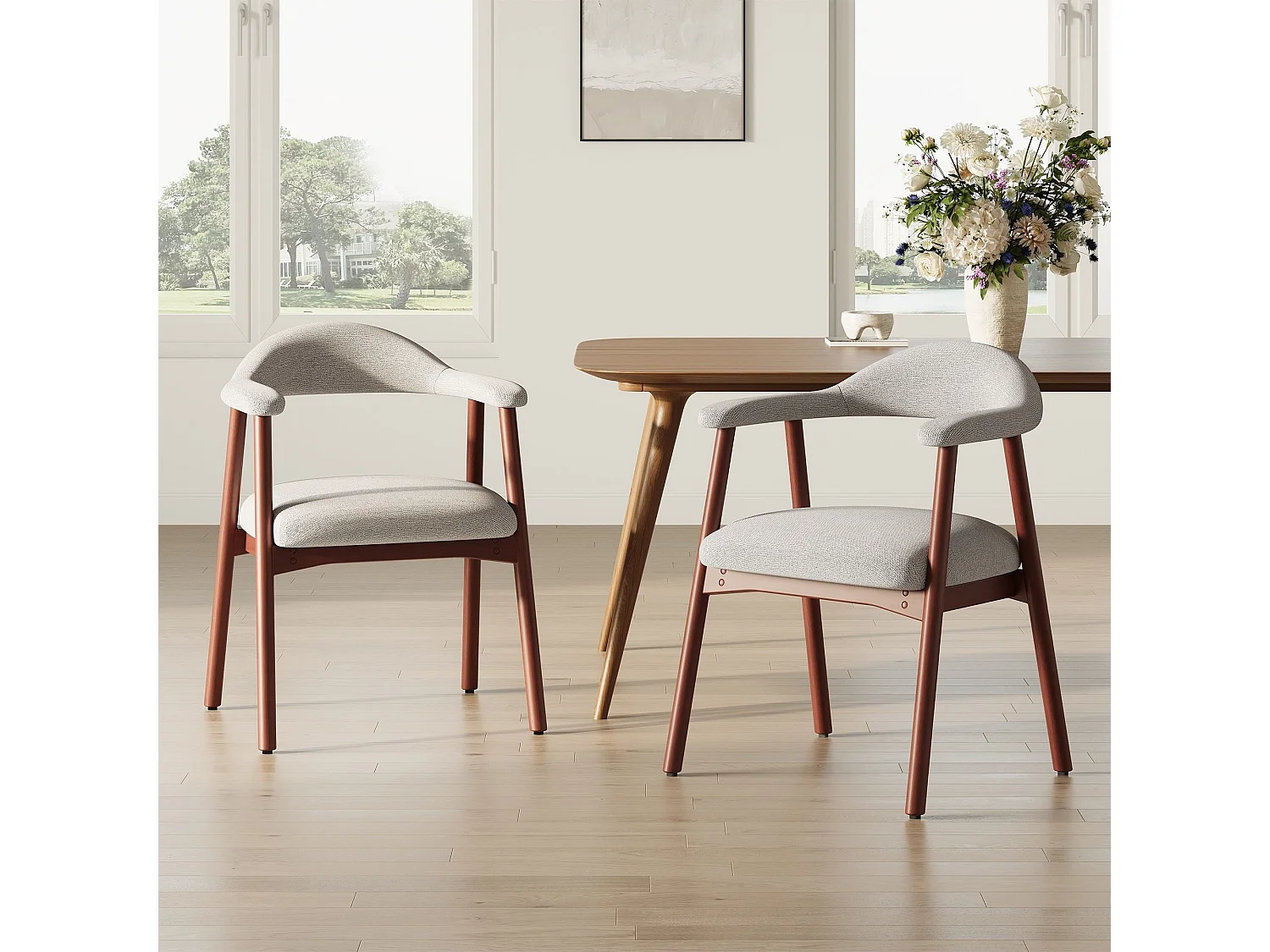 2er-Set moderne Esszimmerstühle im skandinavischen Stil, bequeme gepolsterte Sitzfläche, Beine aus Massivholz, ergonomische umschließende Rückenlehne, Grau