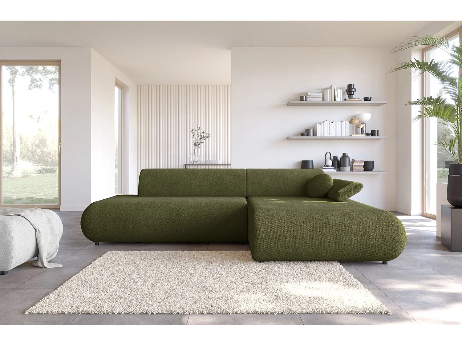 Canapé d'angle convertible – Chenille – angle à droite – Vert olive – ARMONE