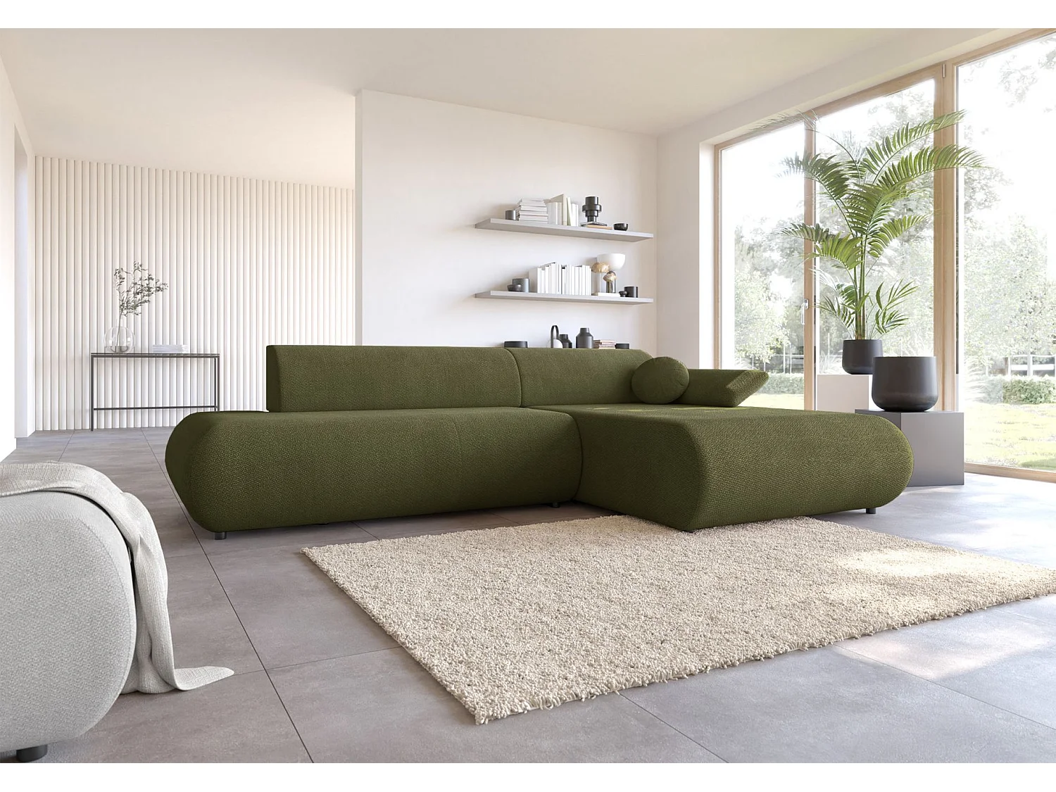 Canapé d'angle convertible – Chenille – angle à droite – Vert olive – ARMONE