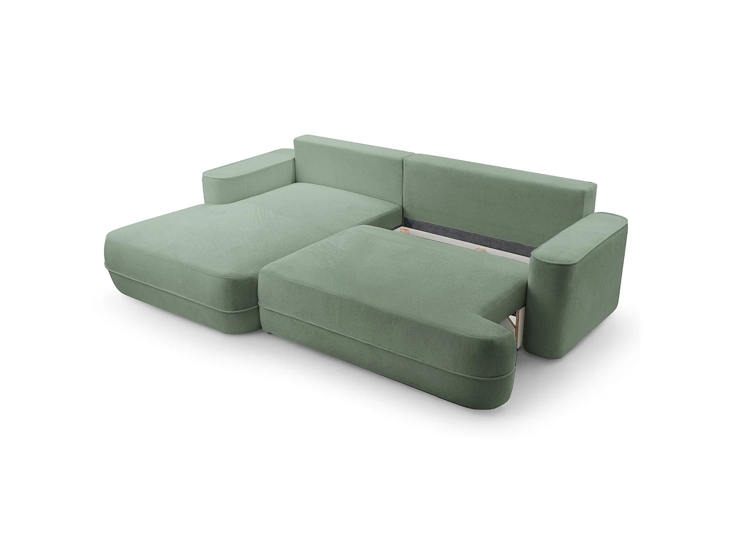Ecksofa mit Schlaffunktion – Bettkasten – Ottomane links,Strukturstoff wasserabweisend – Salbeigrün – FUERRO