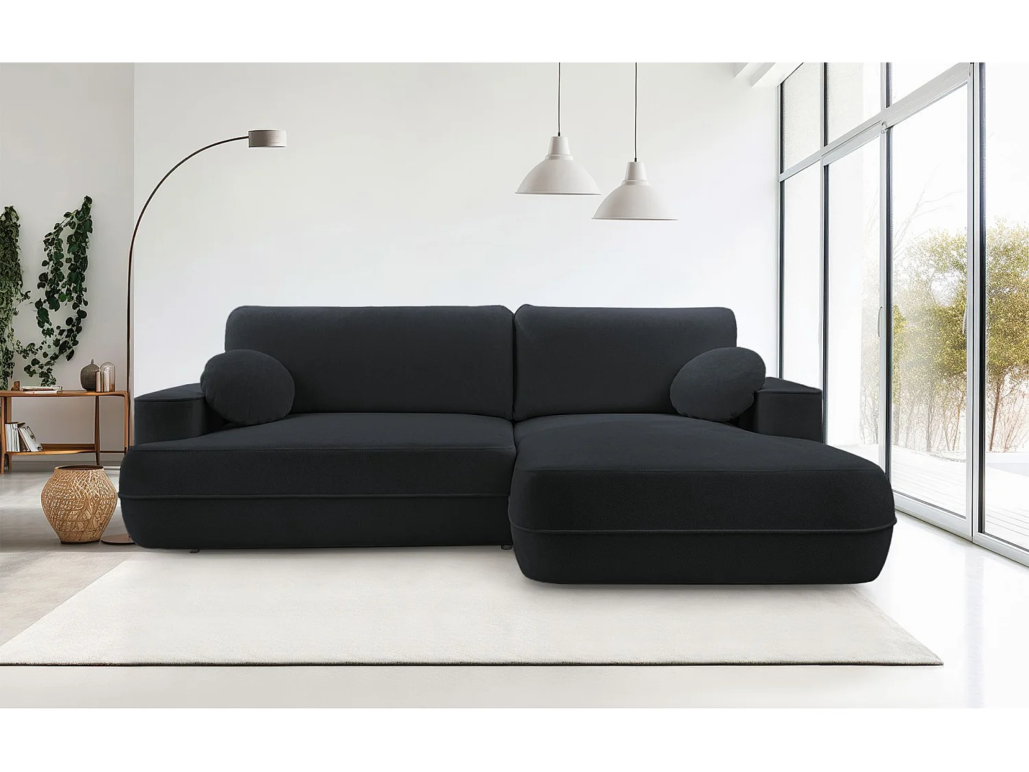 Ecksofa mit Schlaffunktion – Bettkasten – Ottomane rechts – Strukturstoff wasserabweisend – Schwarz – FUERRO