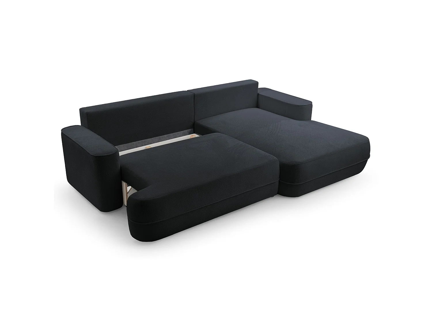 Ecksofa mit Schlaffunktion – Bettkasten – Ottomane rechts – Strukturstoff wasserabweisend – Schwarz – FUERRO