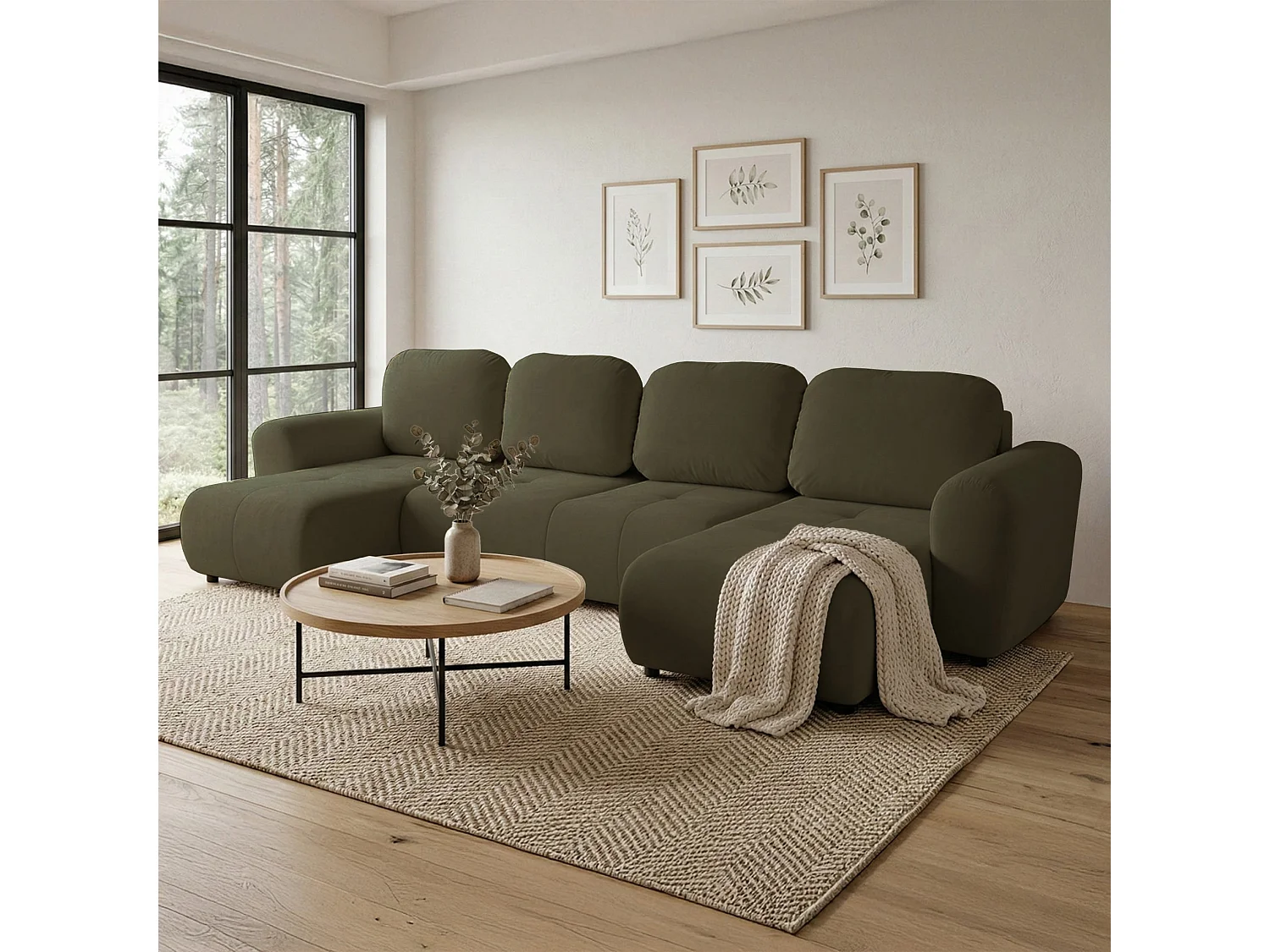 Canapé d'angle convertible – en forme de U – velours olive- OLIDO