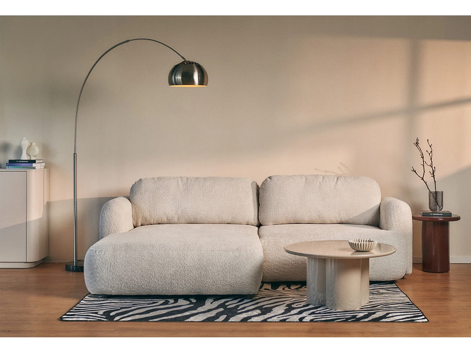 Ecksofa mit Schlaffunktion – Ottomane links – Bouclé Hellbeige – TVOYA