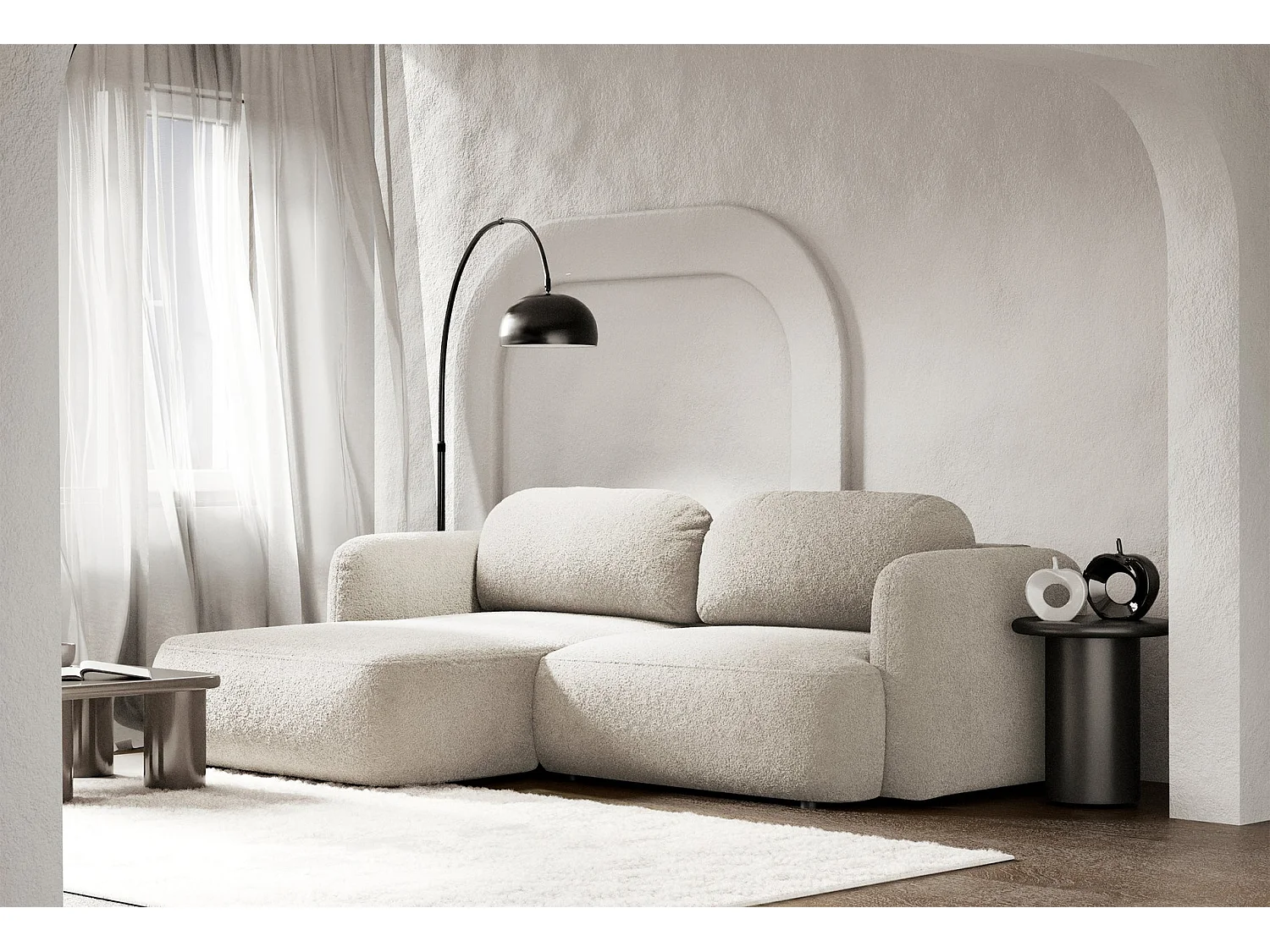 Canapé d'angle gauche 3 places convertible en tissu beige TVOYA