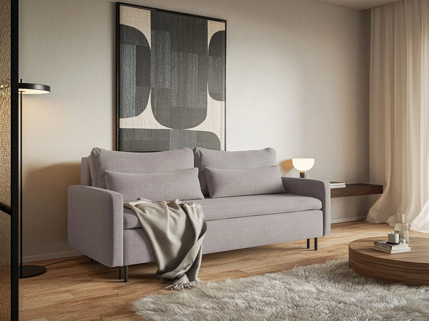 Canapé convertible 3 places avec coffre en tissu chenille gris UMPRO