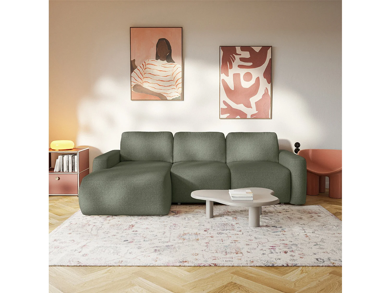 Canapé d'angle convertible – Angle à gauche – Chenille facile d'entretien – Vert olive – CARNOS MINI