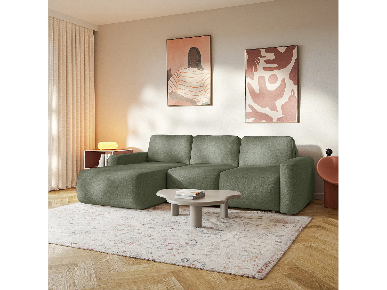 Canapé d'angle convertible – Angle à gauche – Chenille facile d'entretien – Vert olive – CARNOS MINI