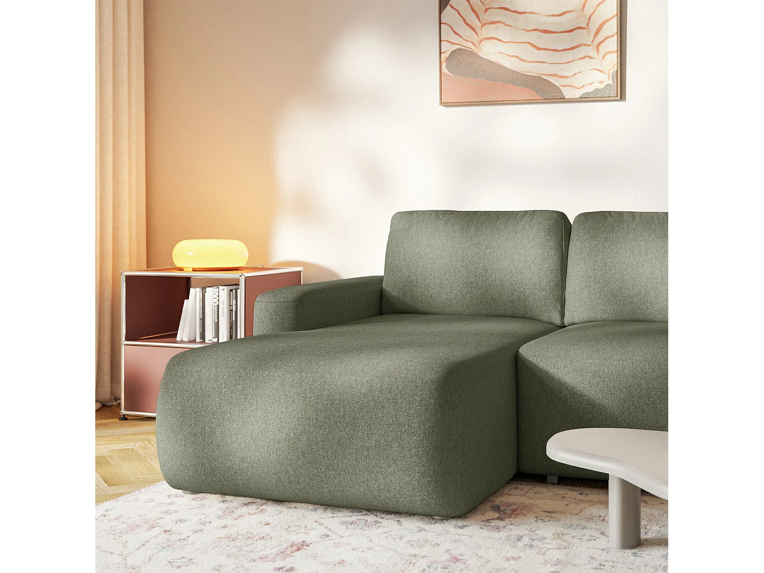 Canapé d'angle convertible – Angle à gauche – Chenille facile d'entretien – Vert olive – CARNOS MINI
