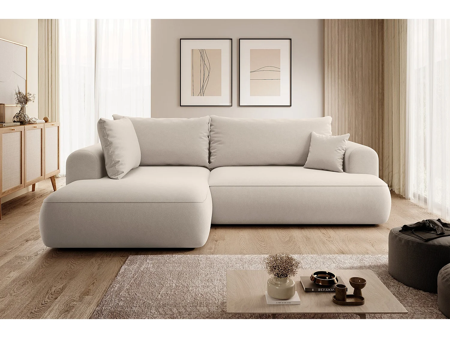 Canapé d’angle avec fonction couchage – angle gauche – Beige clair – Velours – OVO