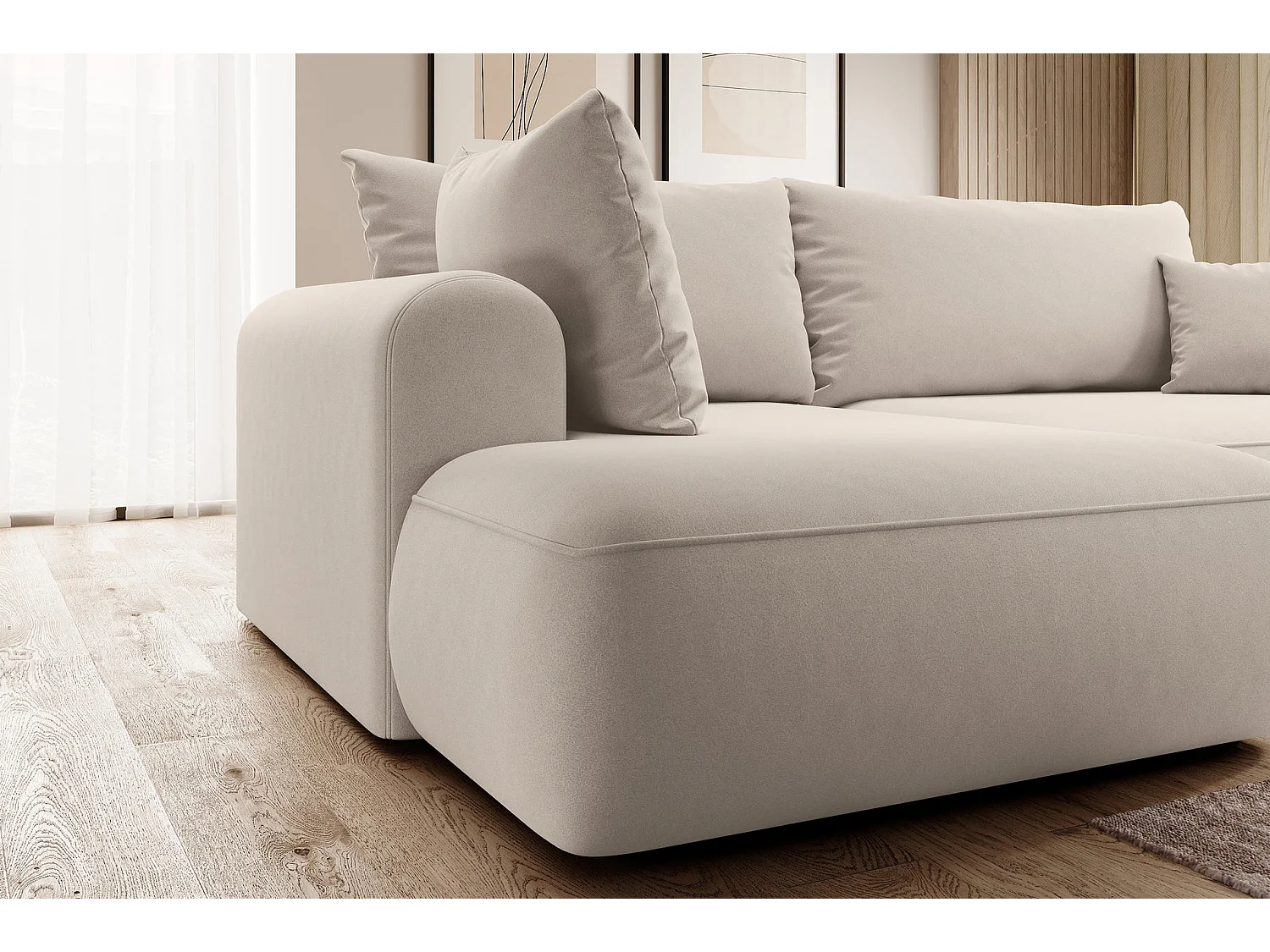 Canapé d’angle avec fonction couchage – angle gauche – Beige clair – Velours – OVO