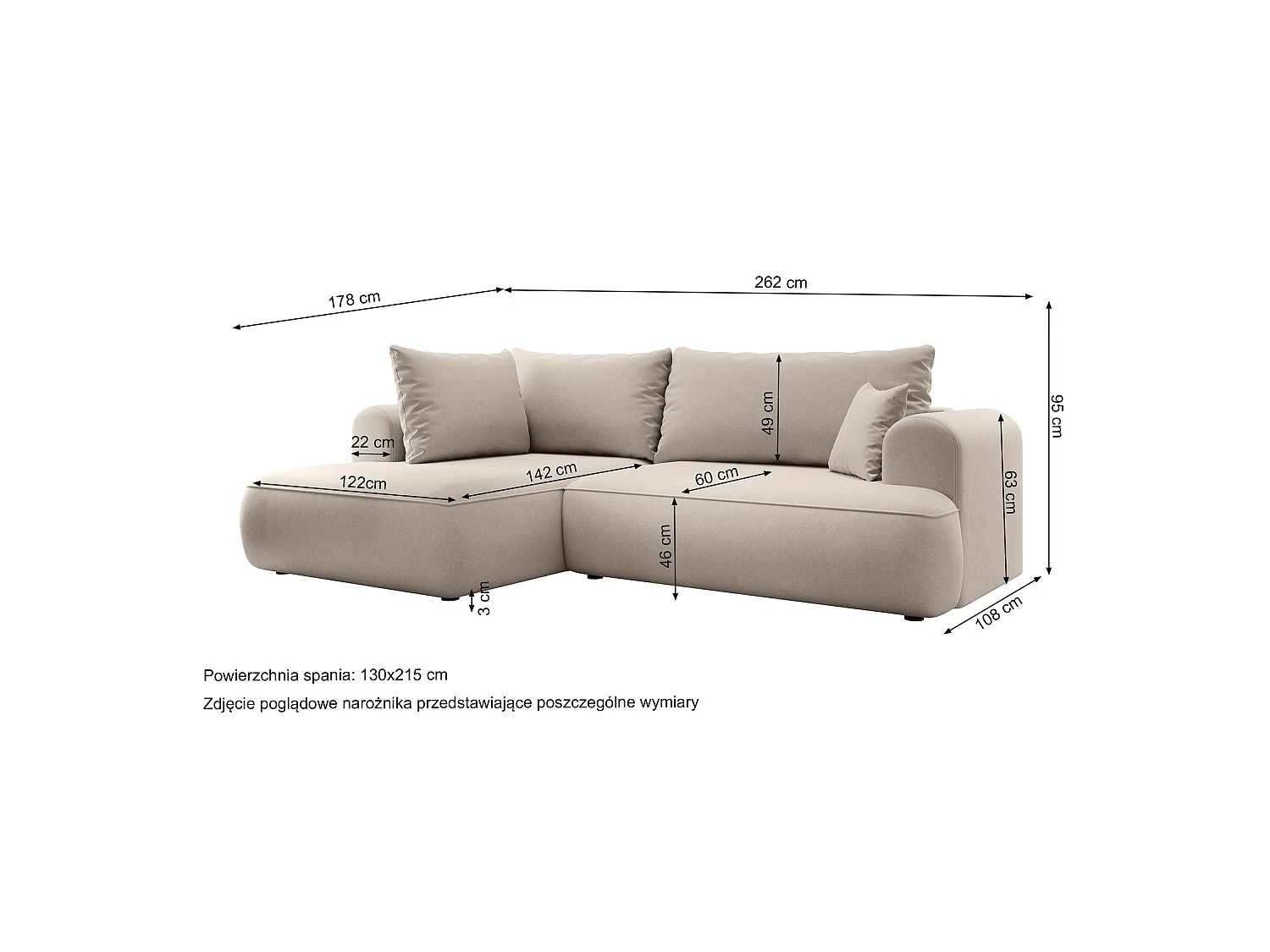 Canapé d’angle avec fonction couchage – angle gauche – Beige clair – Velours – OVO