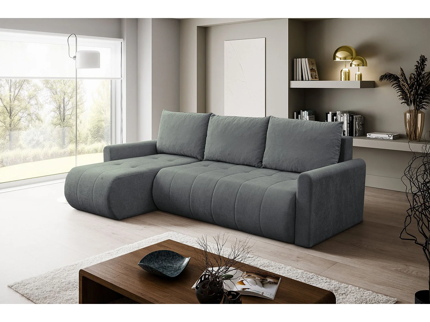 Ecksofa mit Schlaffunktion & Bettkasten – Chenille – Universal – Aschgrau – TIMMONE
