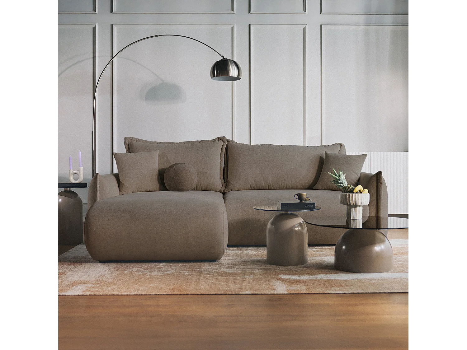 Canapé d'angle convertible – Angle à gauche – chenille marron clair – CUSHI
