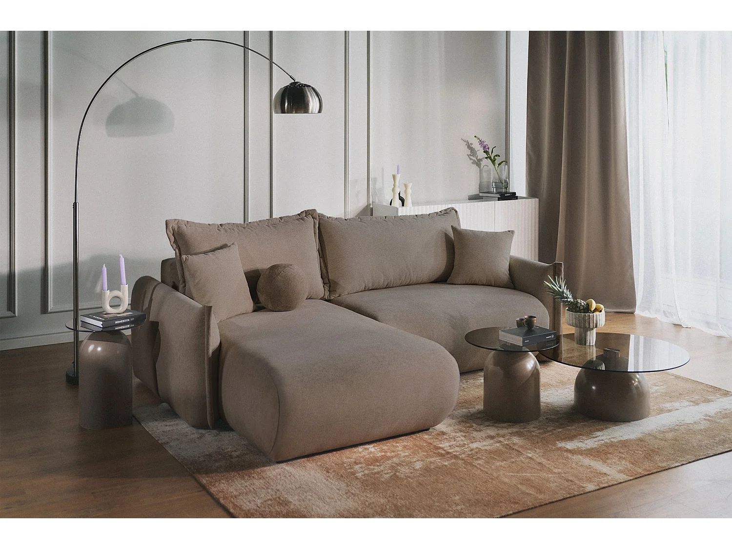 Canapé d'angle convertible – Angle à gauche – chenille marron clair – CUSHI