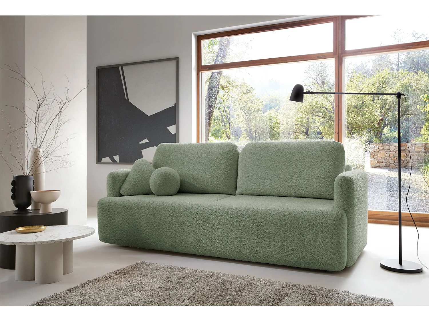 Canapé 3 places convertible avec coffre – Bouclé – Vert sauge – LAMBINA