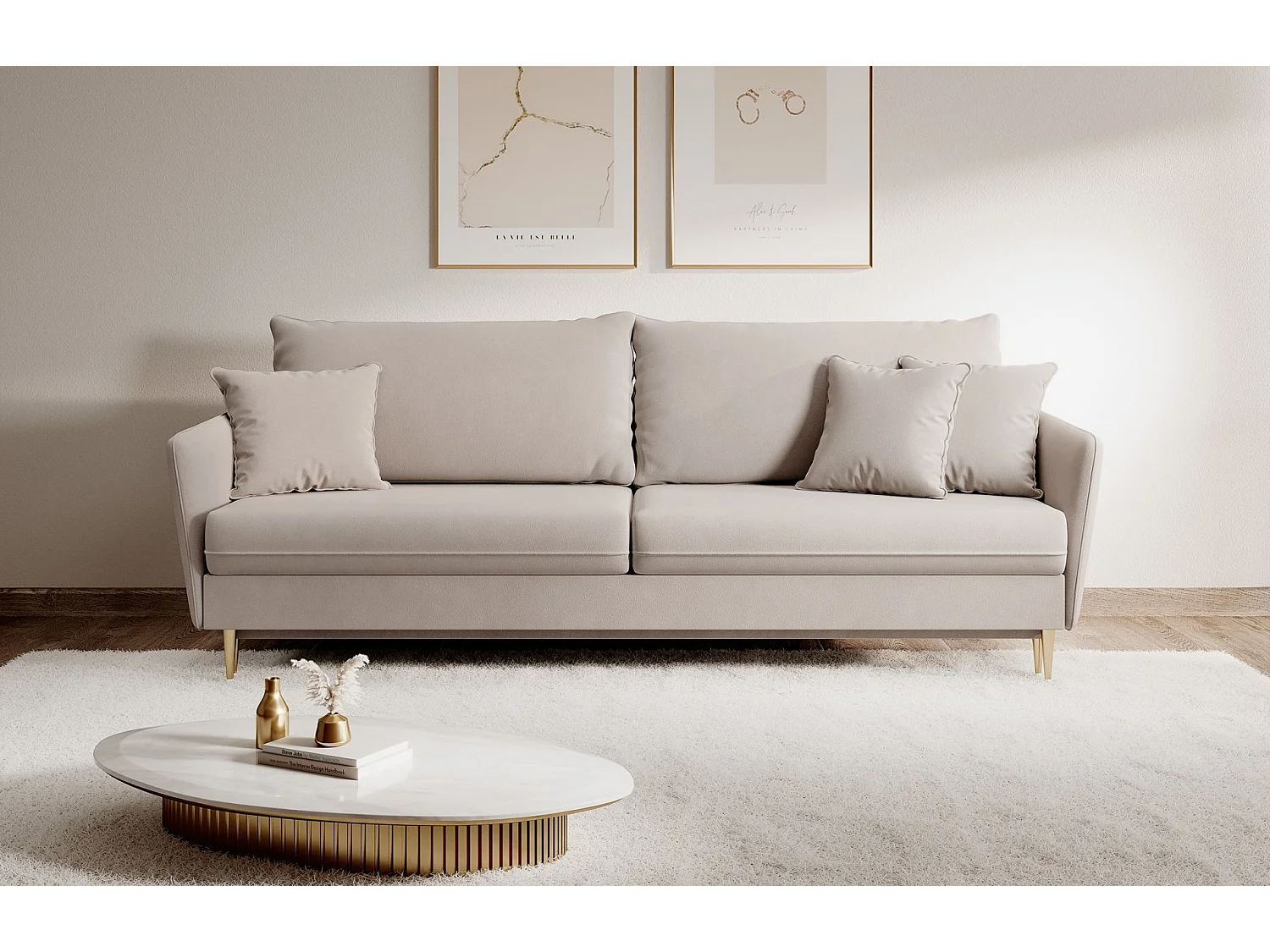 Canapé 3 places convertible – velours déperlant – pieds dorés – Beige gris – VOLIO