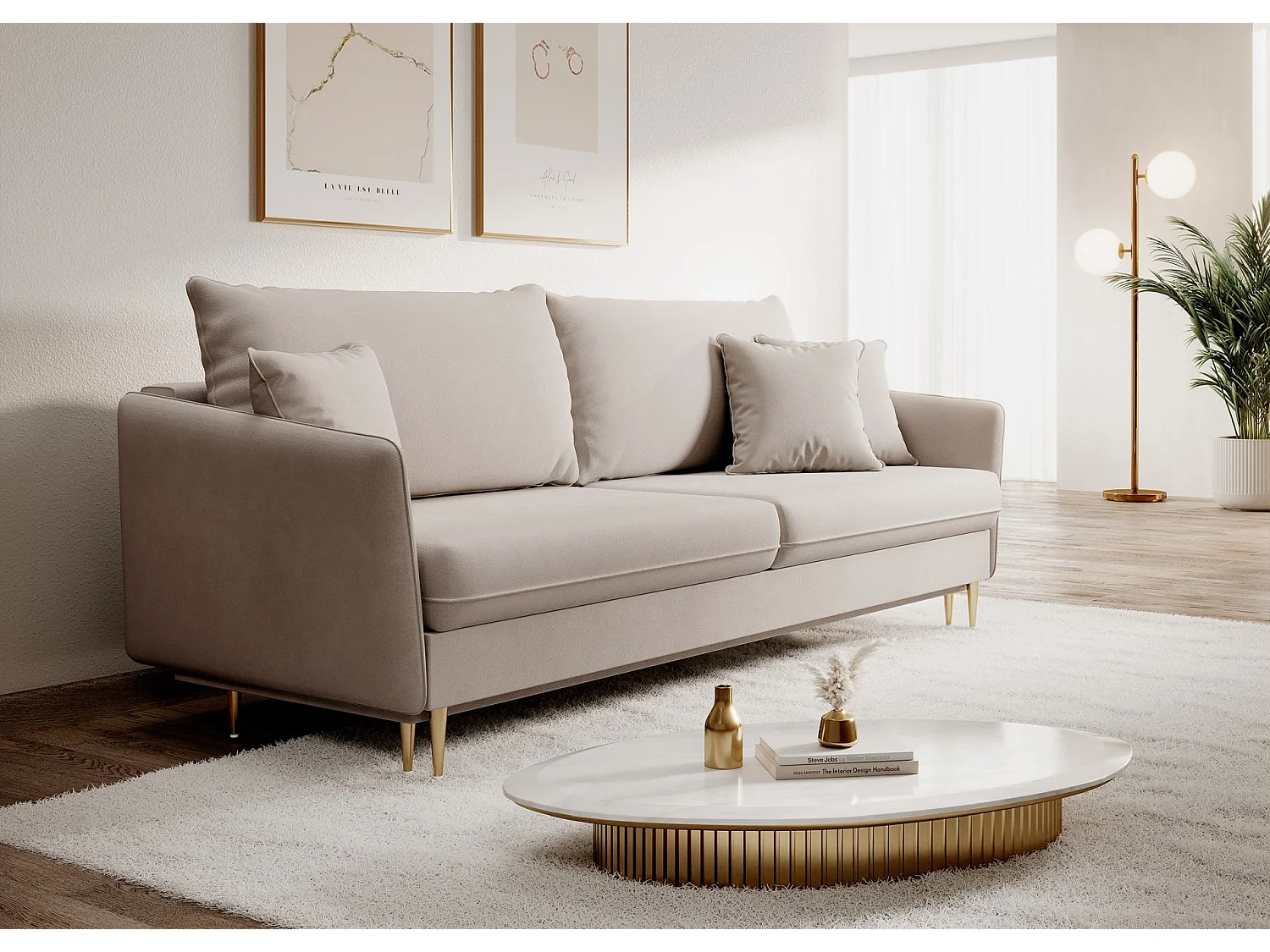 Canapé 3 places convertible – velours déperlant – pieds dorés – Beige gris – VOLIO