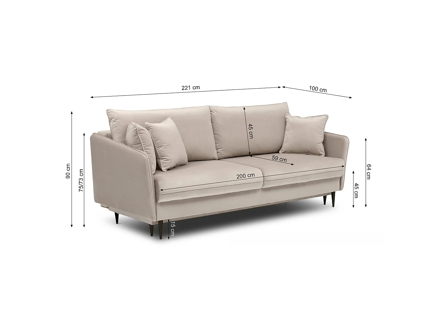Canapé 3 places convertible – velours déperlant – pieds dorés – Beige gris – VOLIO