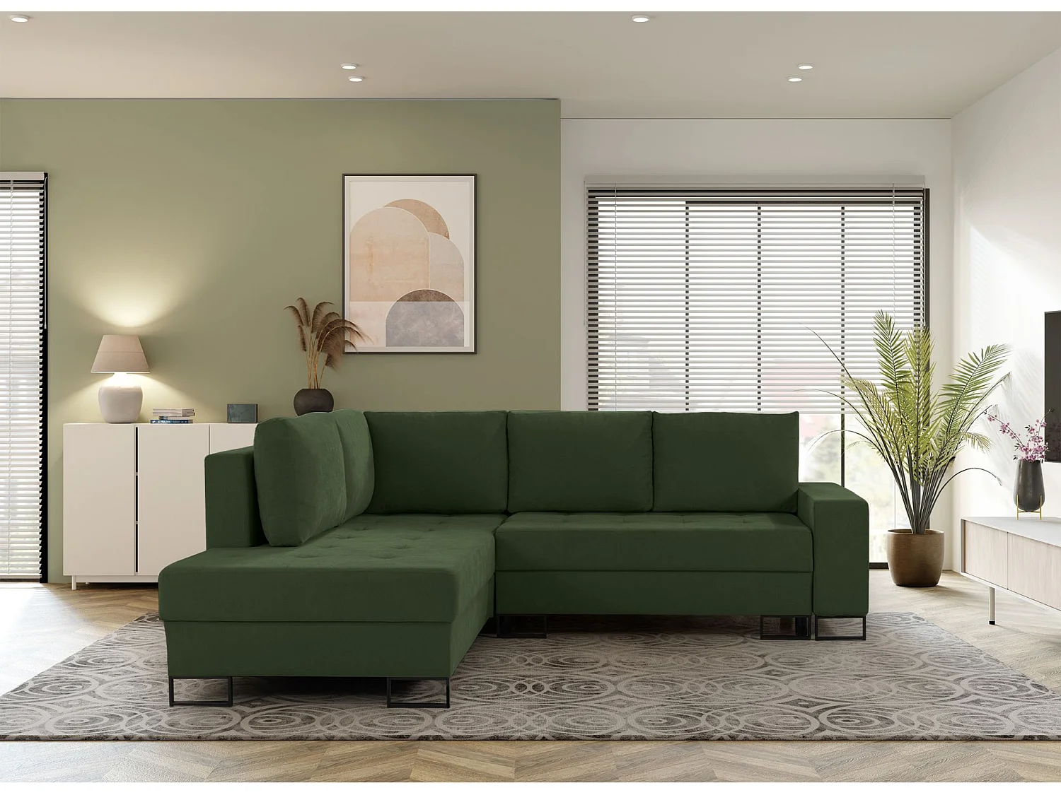 Ecksofa mit Schlaffunktion & Bettkasten – Chenille – Ottomane links – Grün – LARELLE