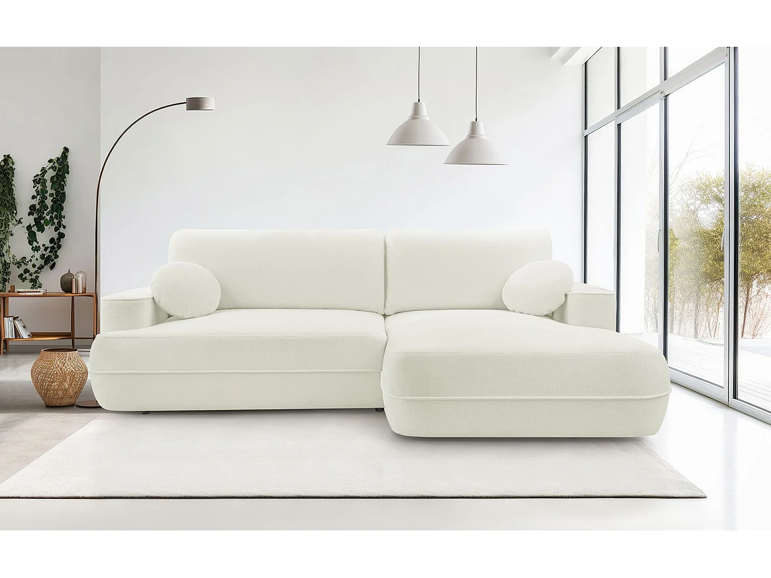 Ecksofa mit Schlaffunktion – Bettkasten – Ottomane rechts – Strukturstoff wasserabweisend – Weiß – FUERRO
