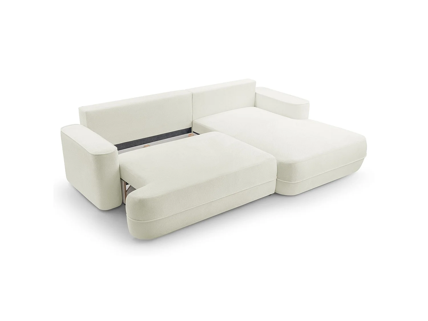 Ecksofa mit Schlaffunktion – Bettkasten – Ottomane rechts – Strukturstoff wasserabweisend – Weiß – FUERRO