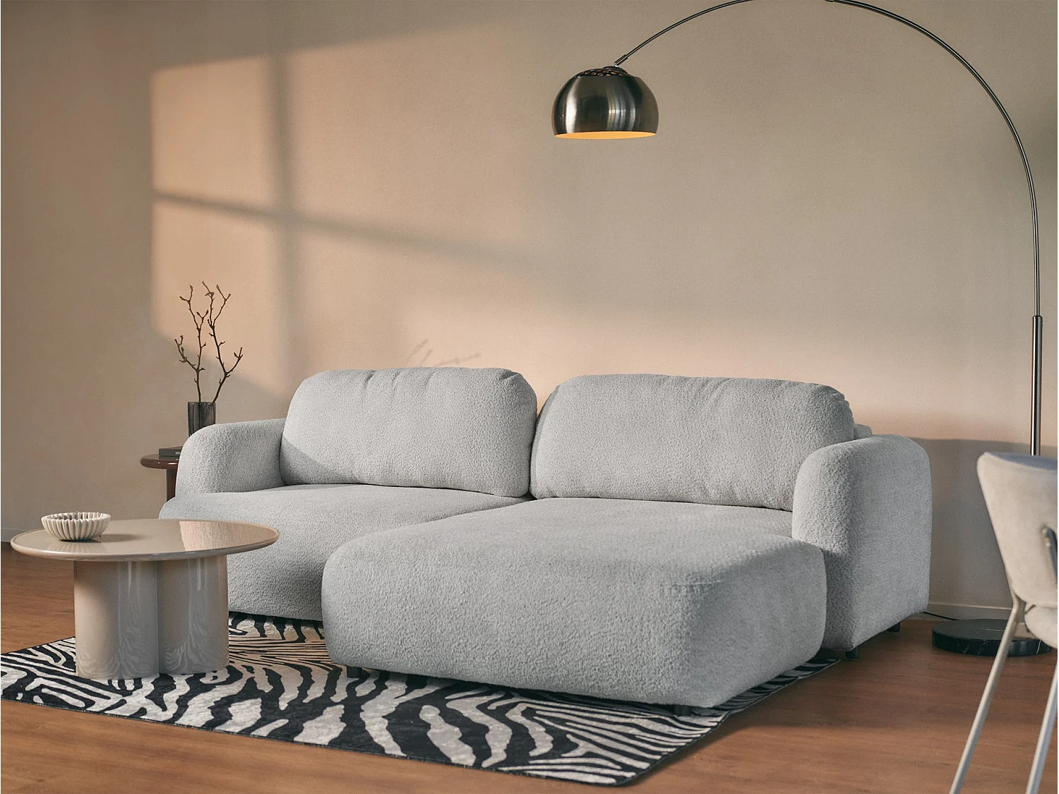 Ecksofa mit Schlaffunktion – Ottomane rechts – Bouclé Hellgrau – TVOYA