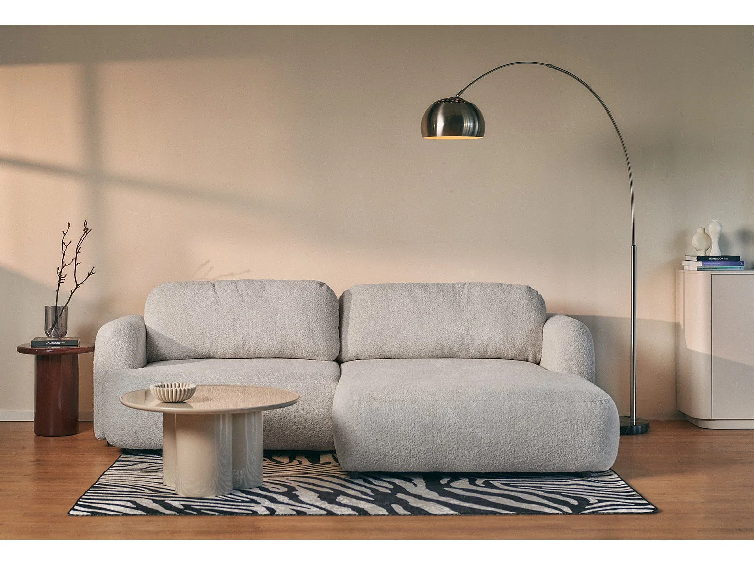 Ecksofa mit Schlaffunktion – Ottomane rechts – Bouclé Hellgrau – TVOYA