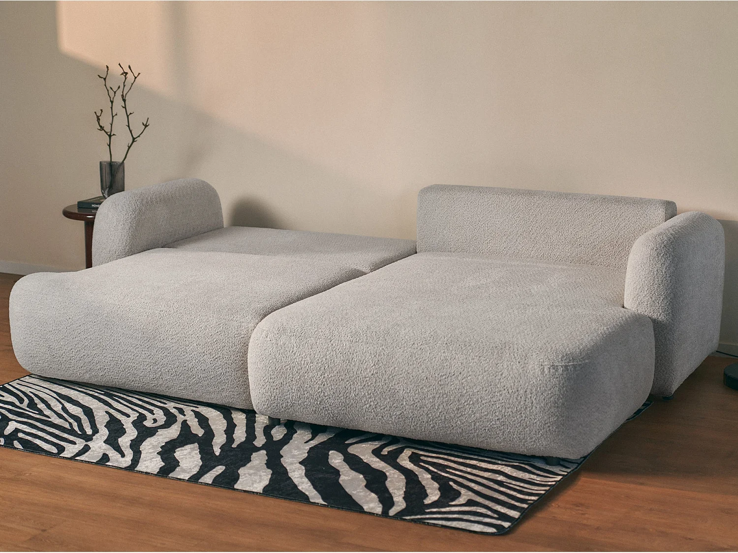 Ecksofa mit Schlaffunktion – Ottomane rechts – Bouclé Hellgrau – TVOYA