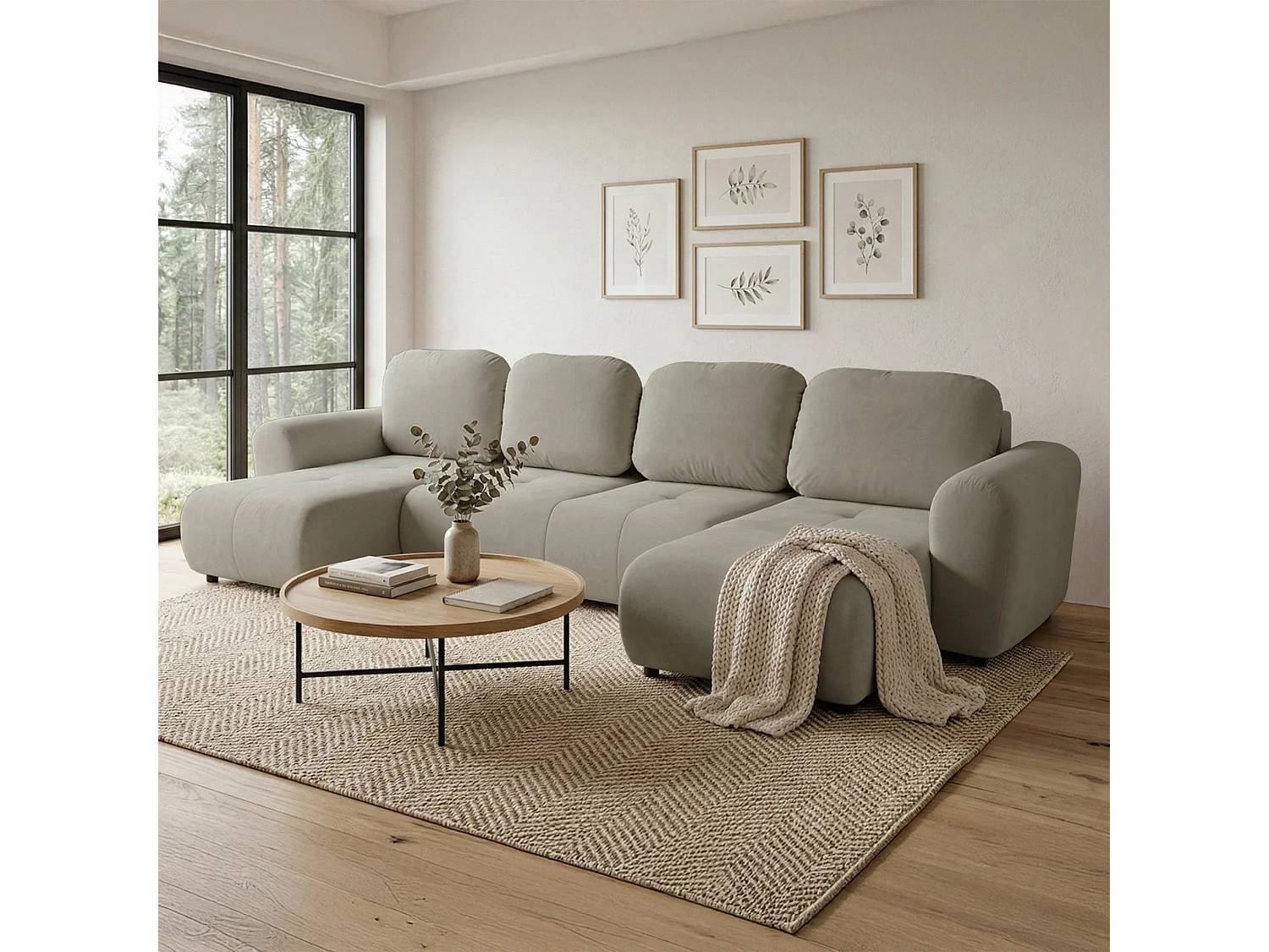 Canapé d'angle convertible – en forme de U – velours beige- OLIDO