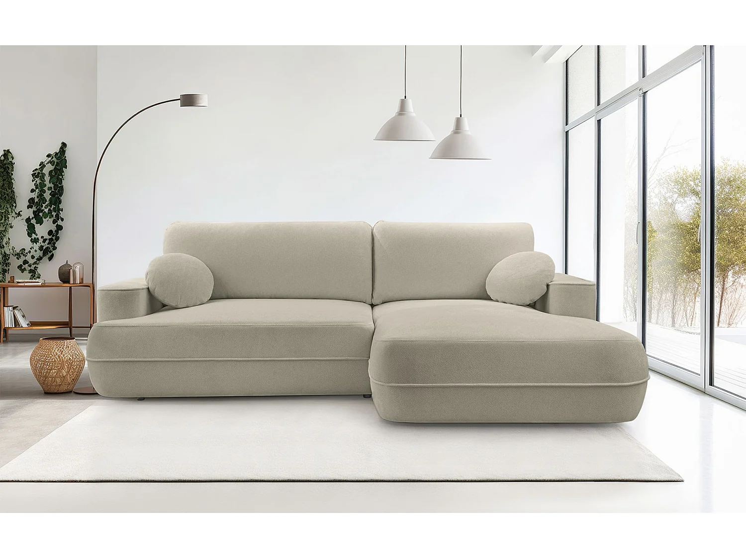 Ecksofa mit Schlaffunktion – Bettkasten – Ottomane rechts – Strukturstoff wasserabweisend – Hellbraun – FUERRO