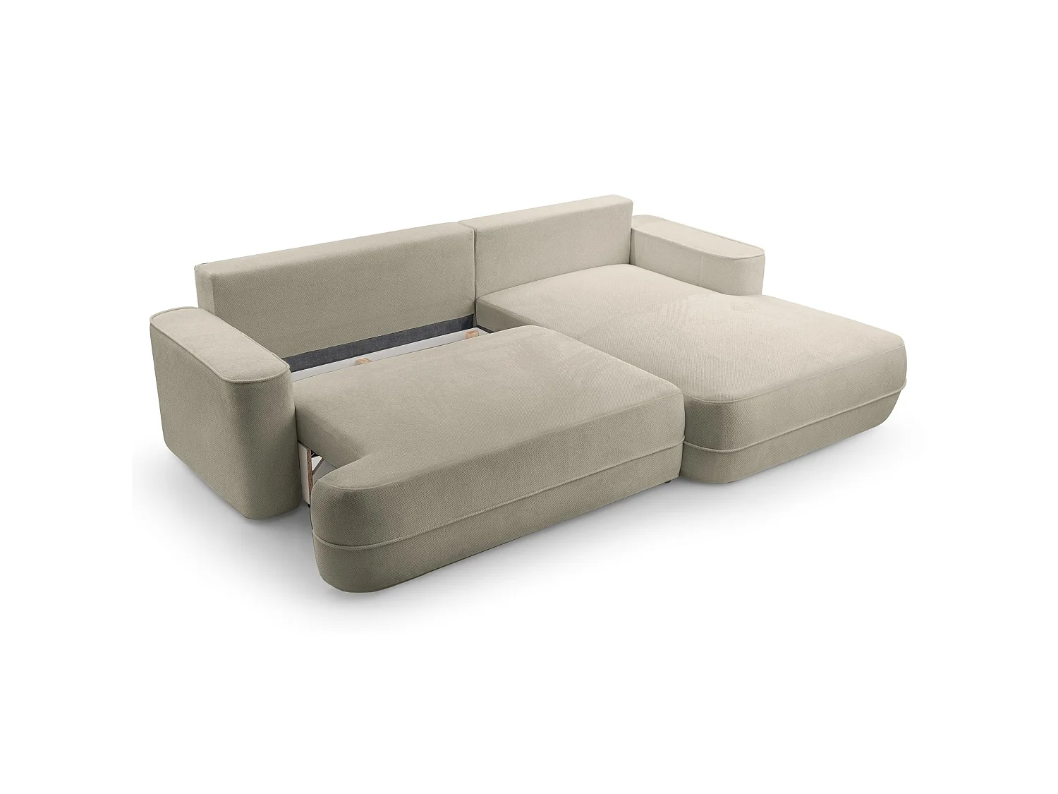 Ecksofa mit Schlaffunktion – Bettkasten – Ottomane rechts – Strukturstoff wasserabweisend – Hellbraun – FUERRO