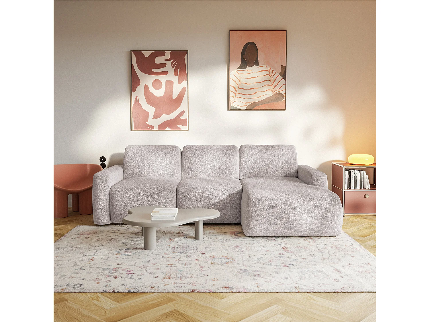 Slaapbank hoekbank – Hoek rechts – Chenille Beige – CARNOS MINI
