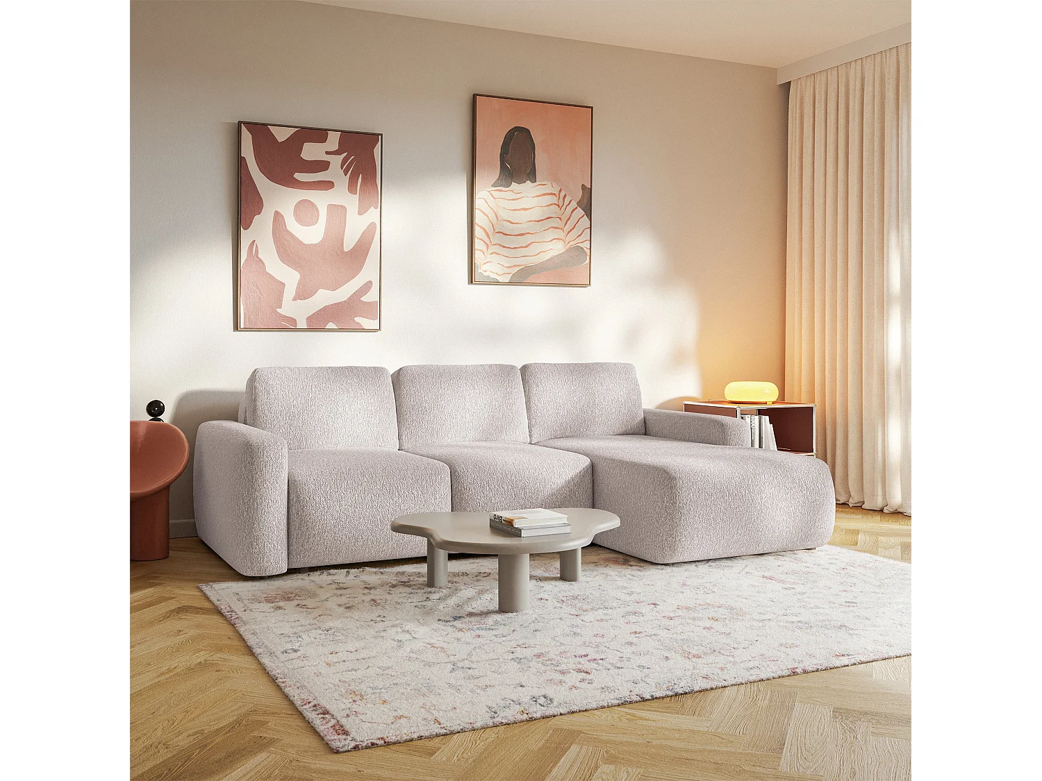 Slaapbank hoekbank – Hoek rechts – Chenille Beige – CARNOS MINI