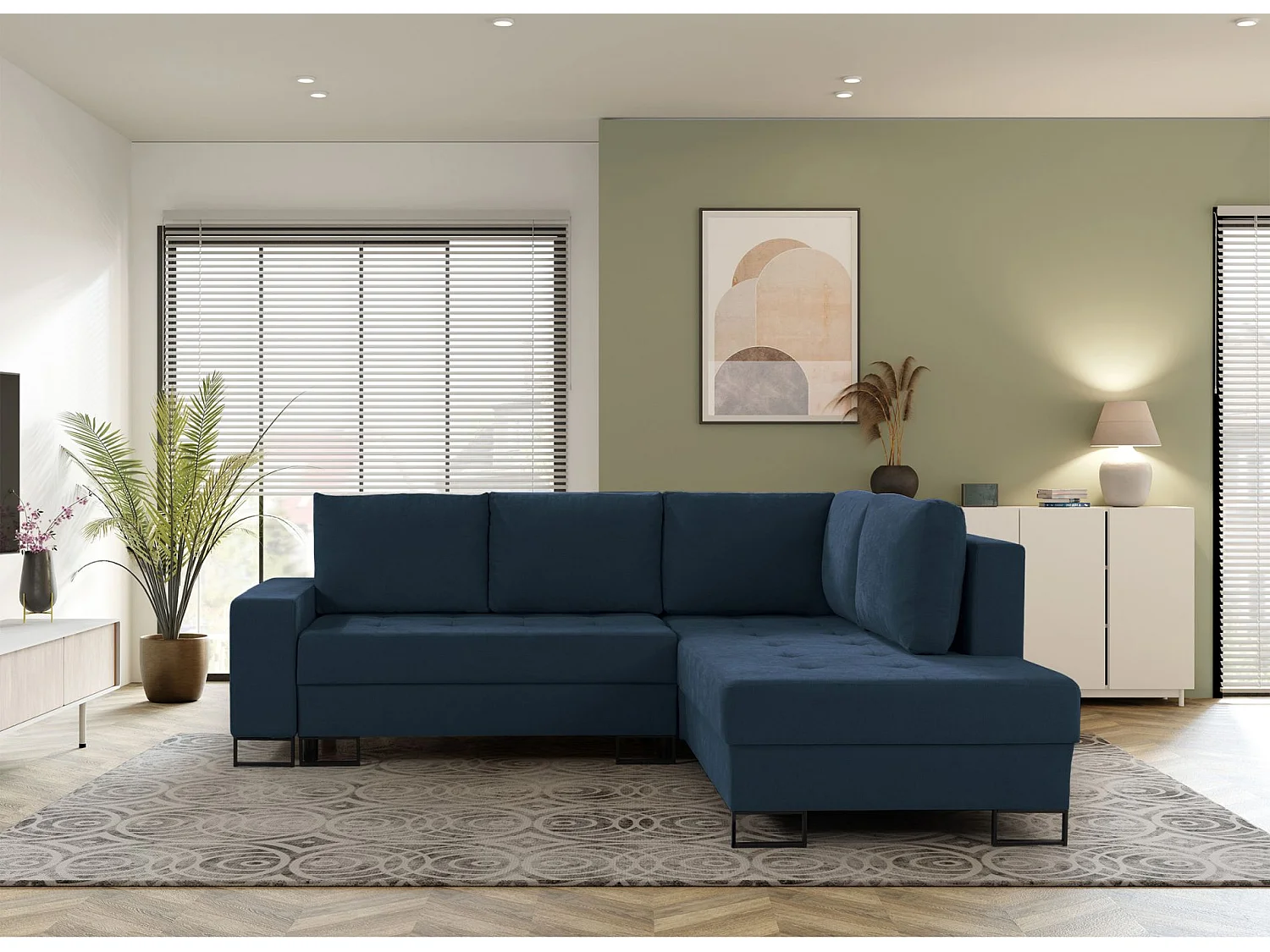 Ecksofa mit Schlaffunktion & Bettkasten – Chenille – Ottomane rechts – Dunkelblau – LARELLE
