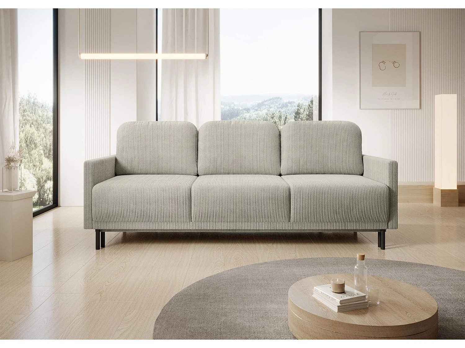 Canapé 3 places convertible avec coffre – Velours côtelé – Beige clair – HAMIEL