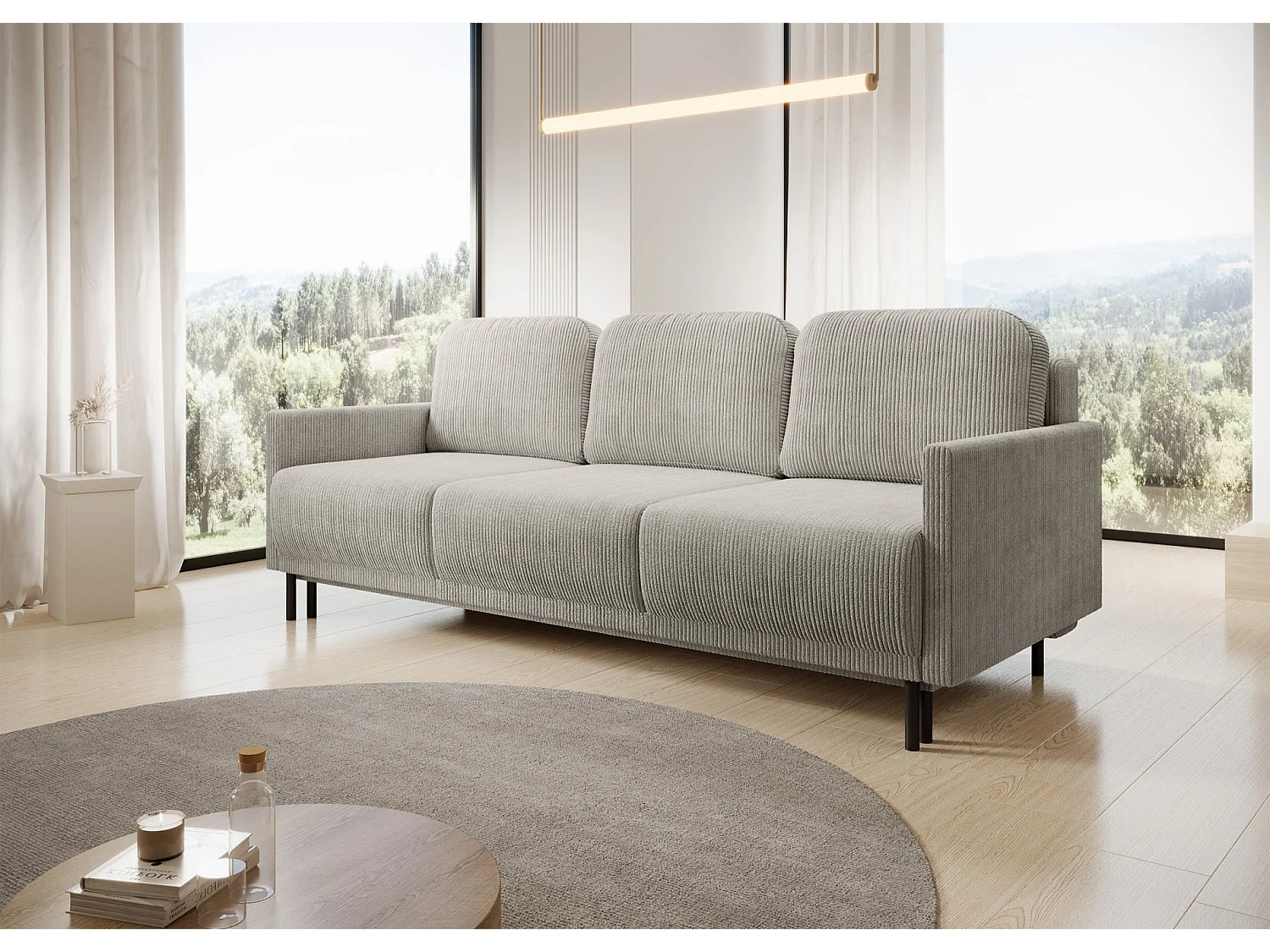 Canapé 3 places convertible avec coffre – Velours côtelé – Beige clair – HAMIEL