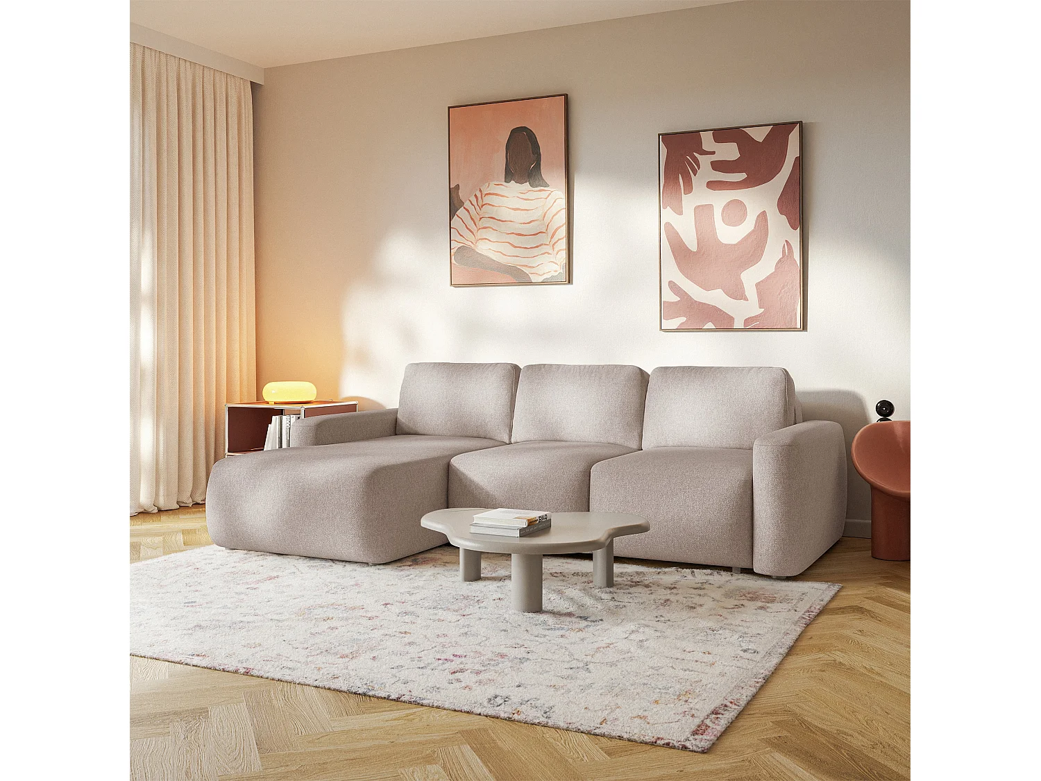 Canapé d'angle convertible – Angle à gauche – Chenille facile d'entretien – Beige – CARNOS MINI