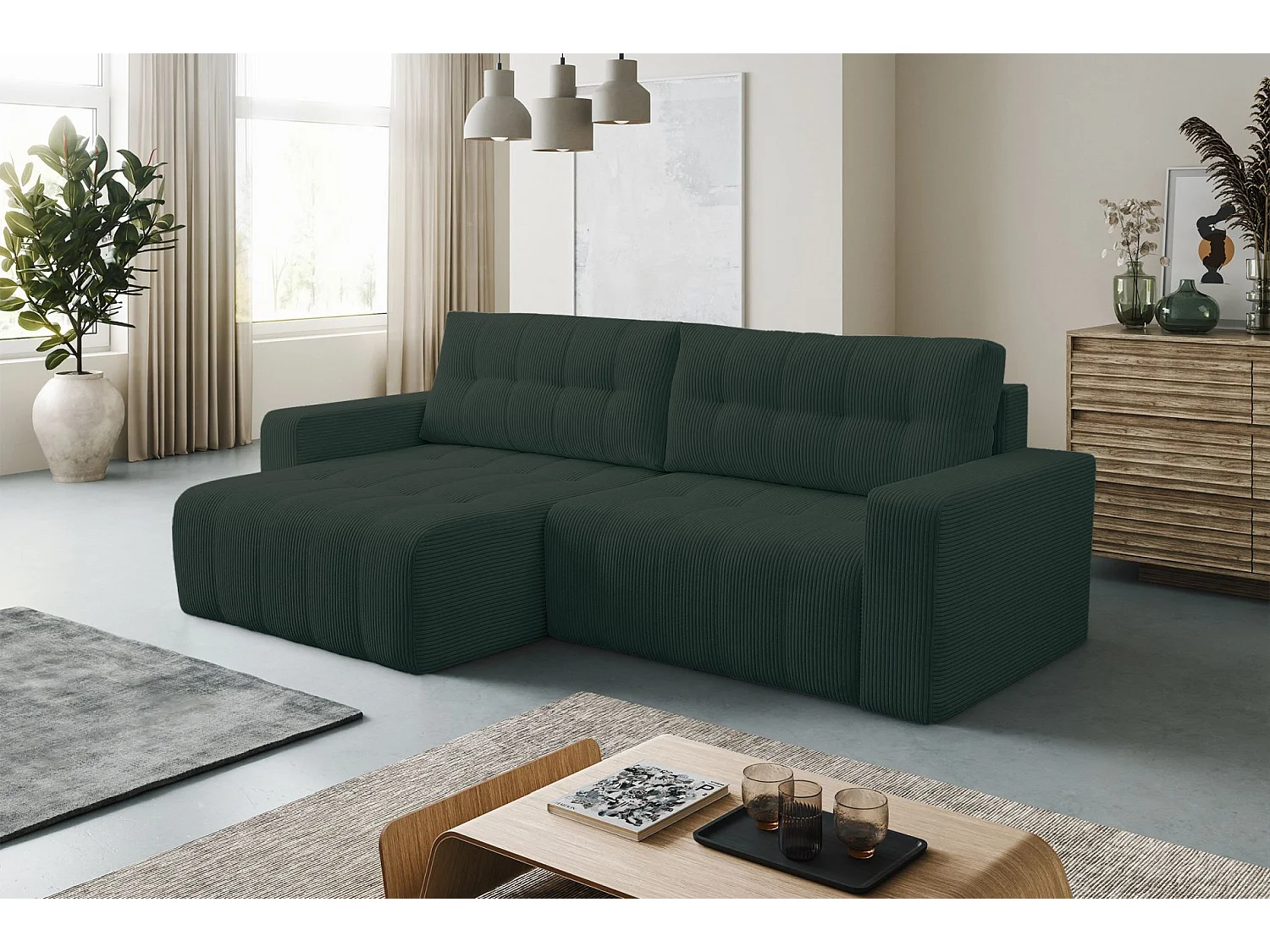 Ecksofa mit Schlaffunktion & Bettkasten – Cord – Universal – Dunkelgrün – MAILLO