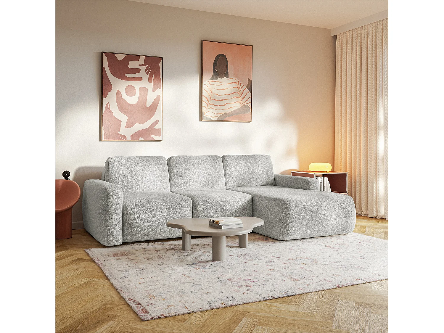 Canapé d'angle convertible – Angle à droite – Chenille Gris clair – CARNOS MINI