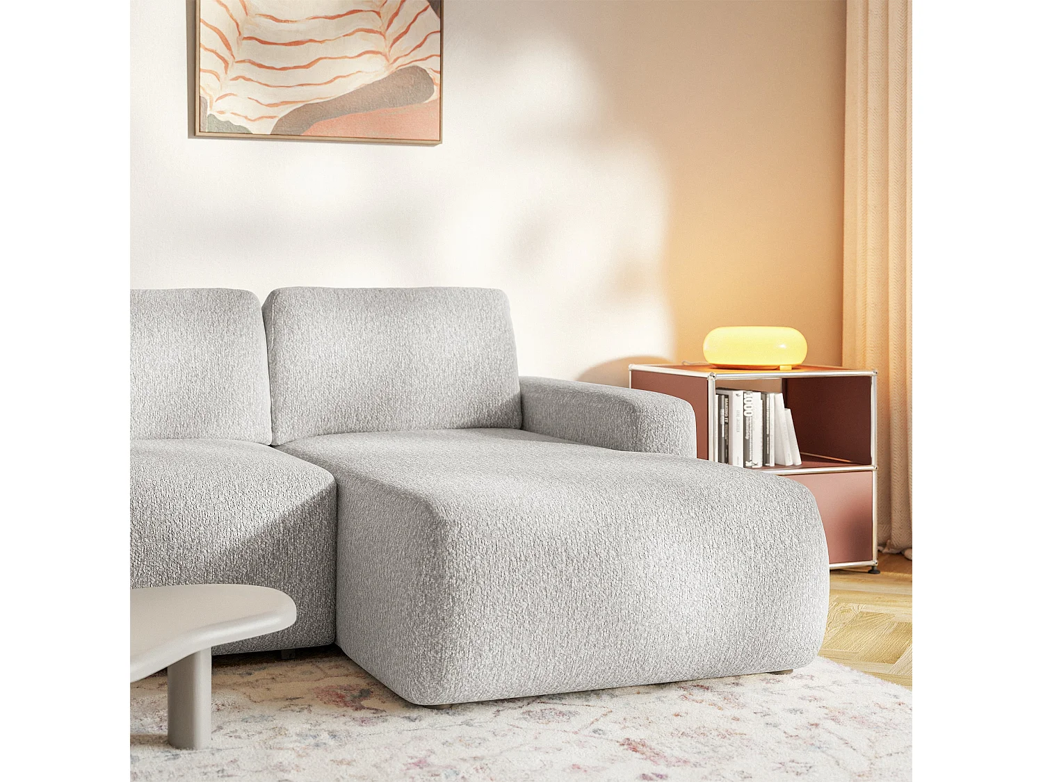 Canapé d'angle convertible – Angle à droite – Chenille Gris clair – CARNOS MINI