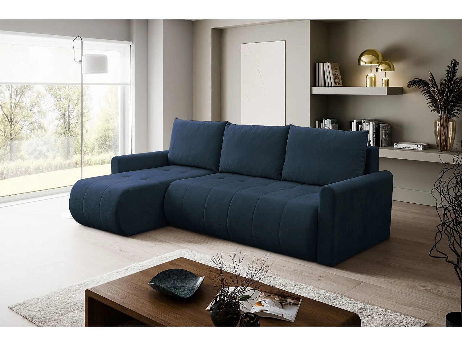 Ecksofa mit Schlaffunktion & Bettkasten – Chenille – Universal – Dunkelblau – TIMMONE