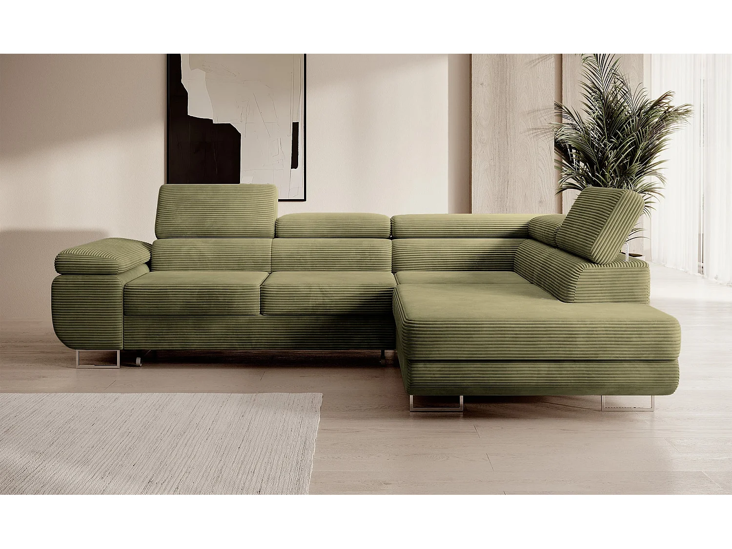 Canapé d’angle avec fonction couchage – angle droit – Vert olive – Velours côtelé