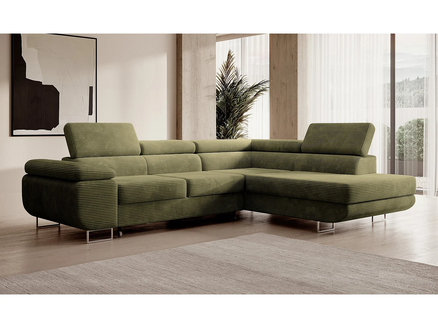 Canapé d’angle avec fonction couchage – angle droit – Vert olive – Velours côtelé