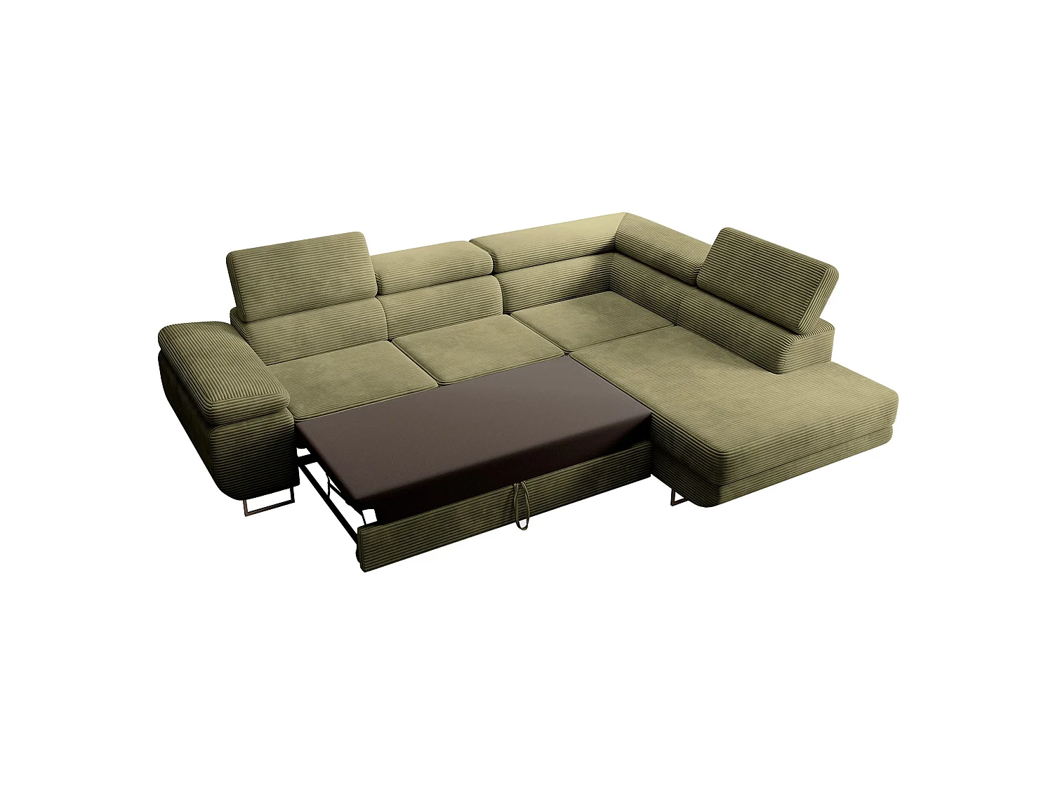 Canapé d’angle avec fonction couchage – angle droit – Vert olive – Velours côtelé