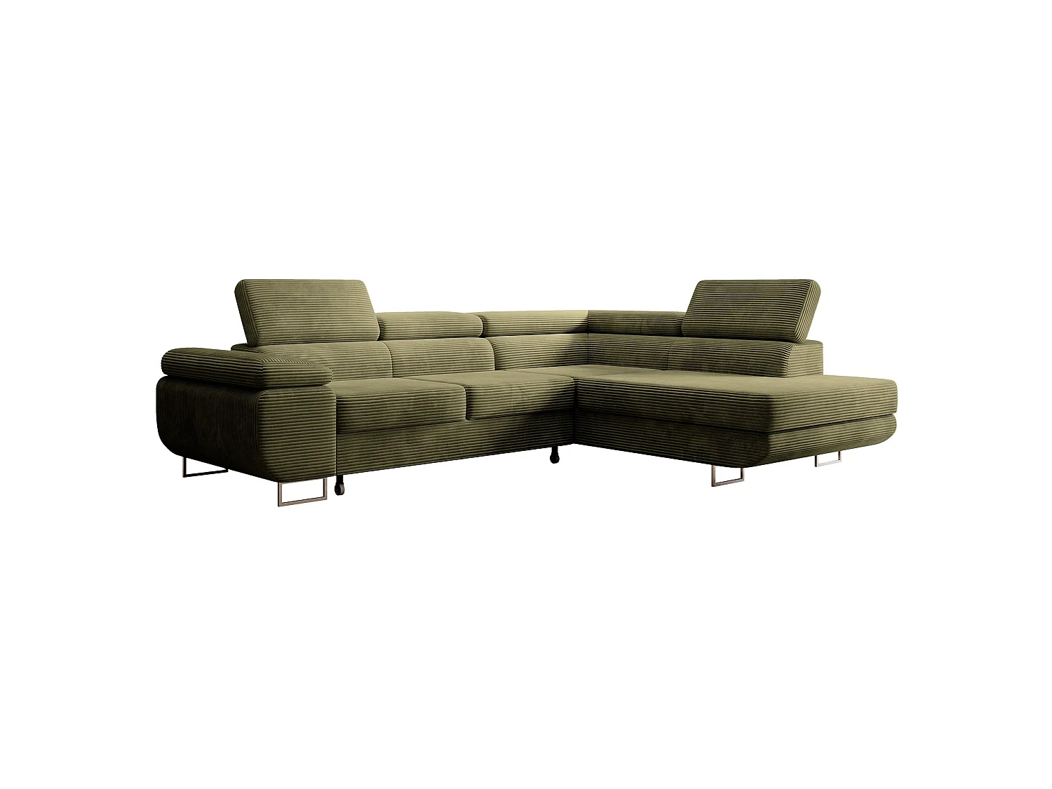 Canapé d’angle avec fonction couchage – angle droit – Vert olive – Velours côtelé