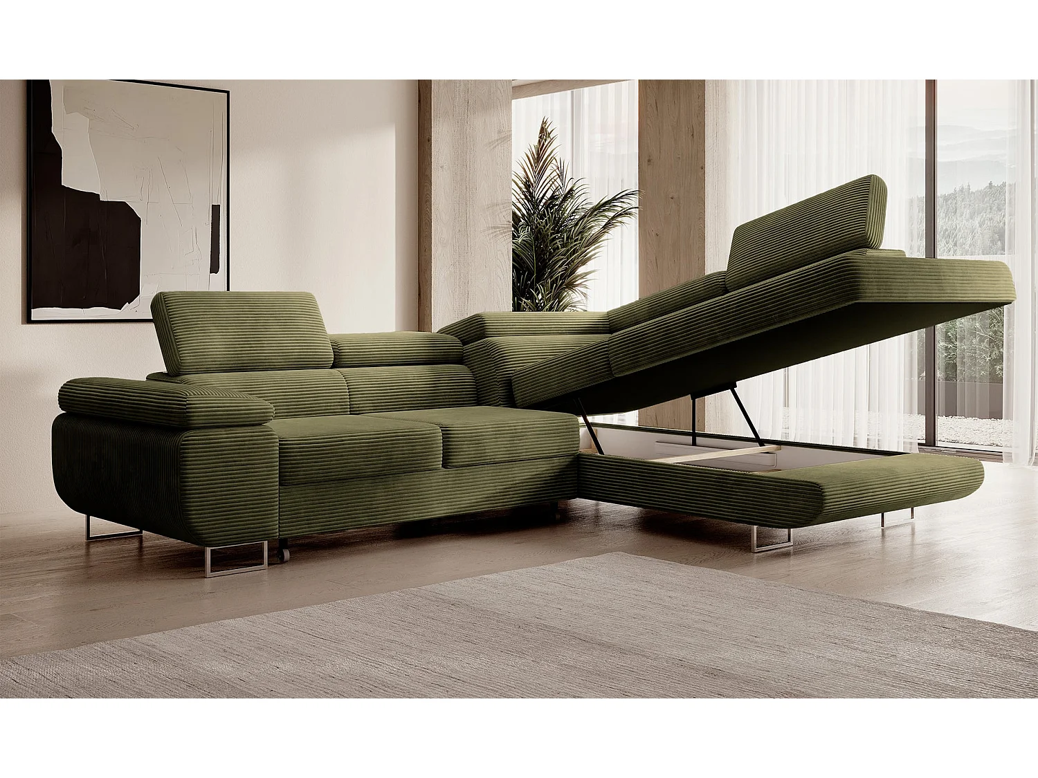 Canapé d’angle avec fonction couchage – angle droit – Vert olive – Velours côtelé