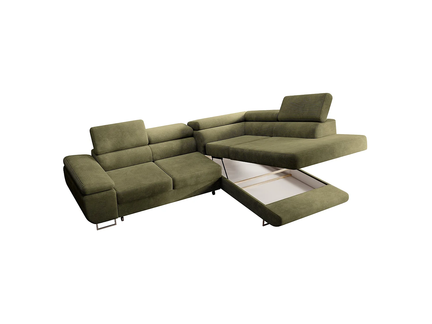 Canapé d’angle avec fonction couchage – angle droit – Vert olive – Velours côtelé